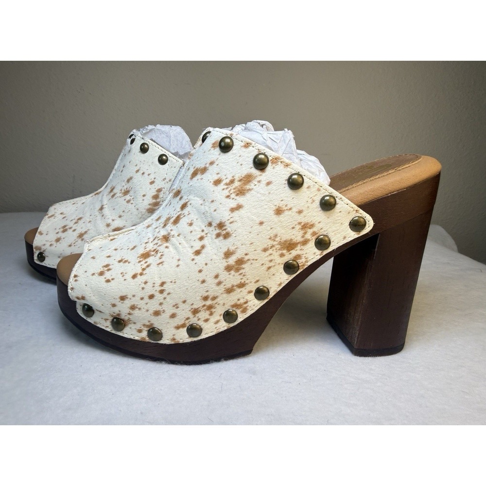 Cowhide Hair On Mule Clogs Size 6 Studded Wooden Platform Heel Western Boho New